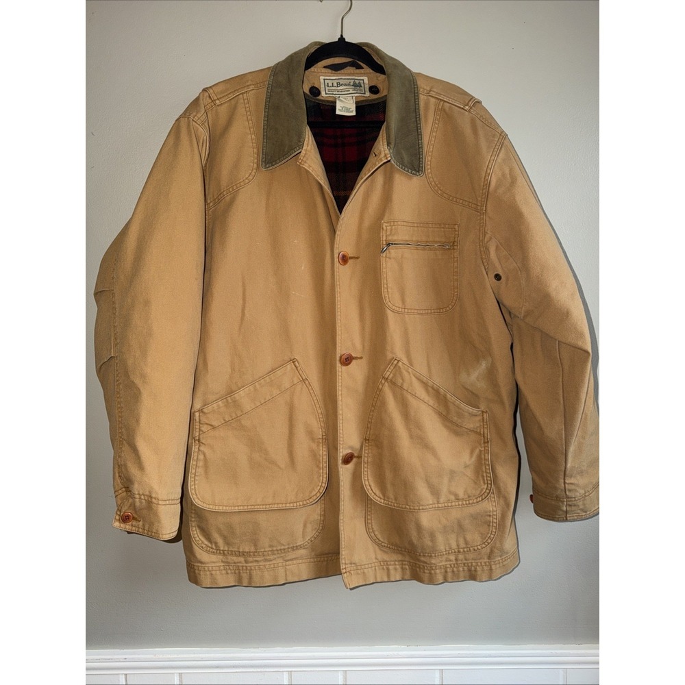 Vintage L.L. Bean Men's XL Barn Chore Coat Jacket Tan Canvas Corduroy Collar